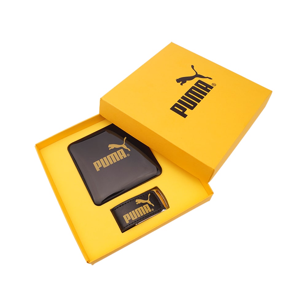 Подарочный набор с логотипом rкомпании PUMA внешний аккумулятор, флешкаиз эко-кожи Флеш империя флешки оптом купить логотип под заказ флешка внешний аккумулятор Пума флеш Империя