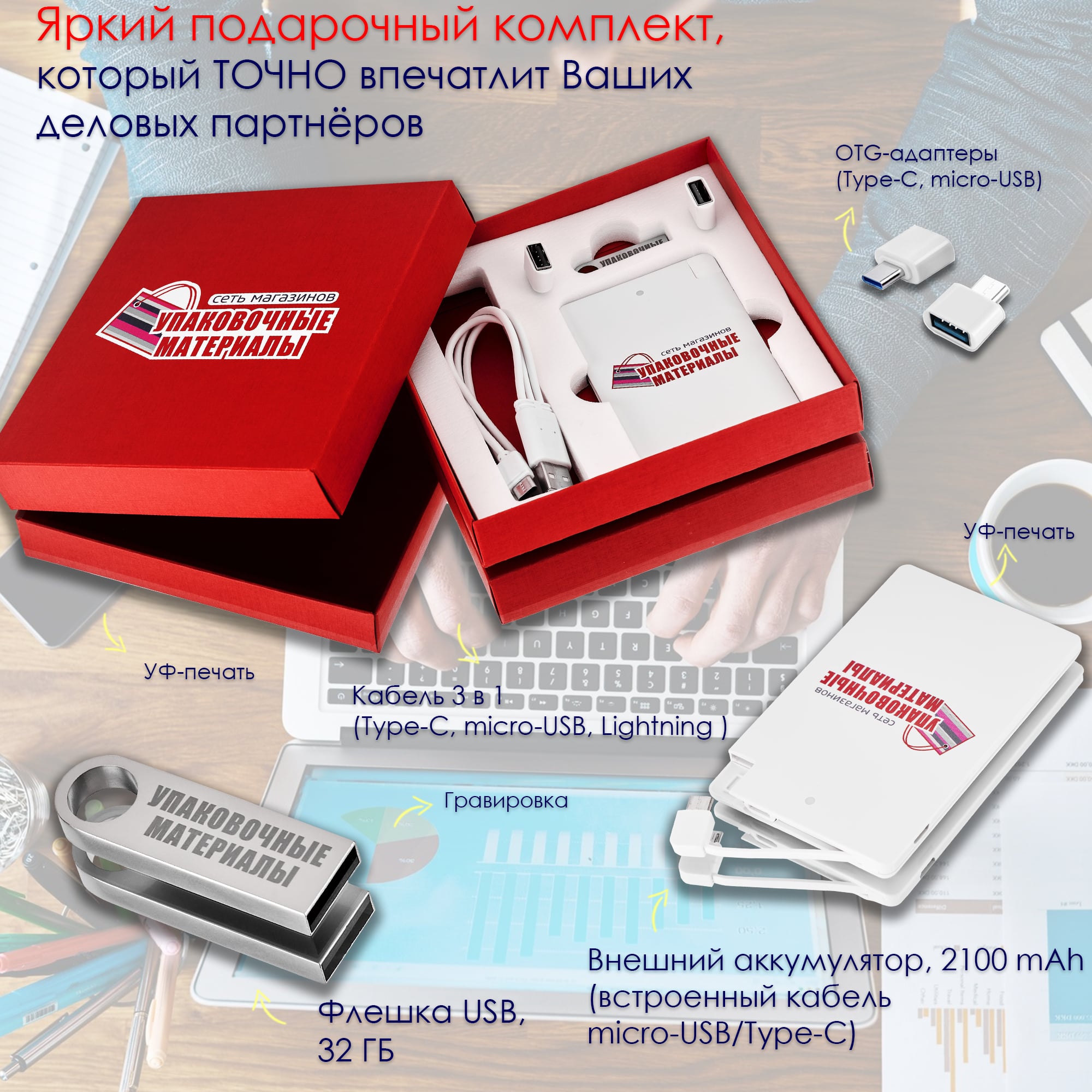 Подарочный комплект красный в упаковке с логотипом компании флешка внешний аккумулятор флеш империя